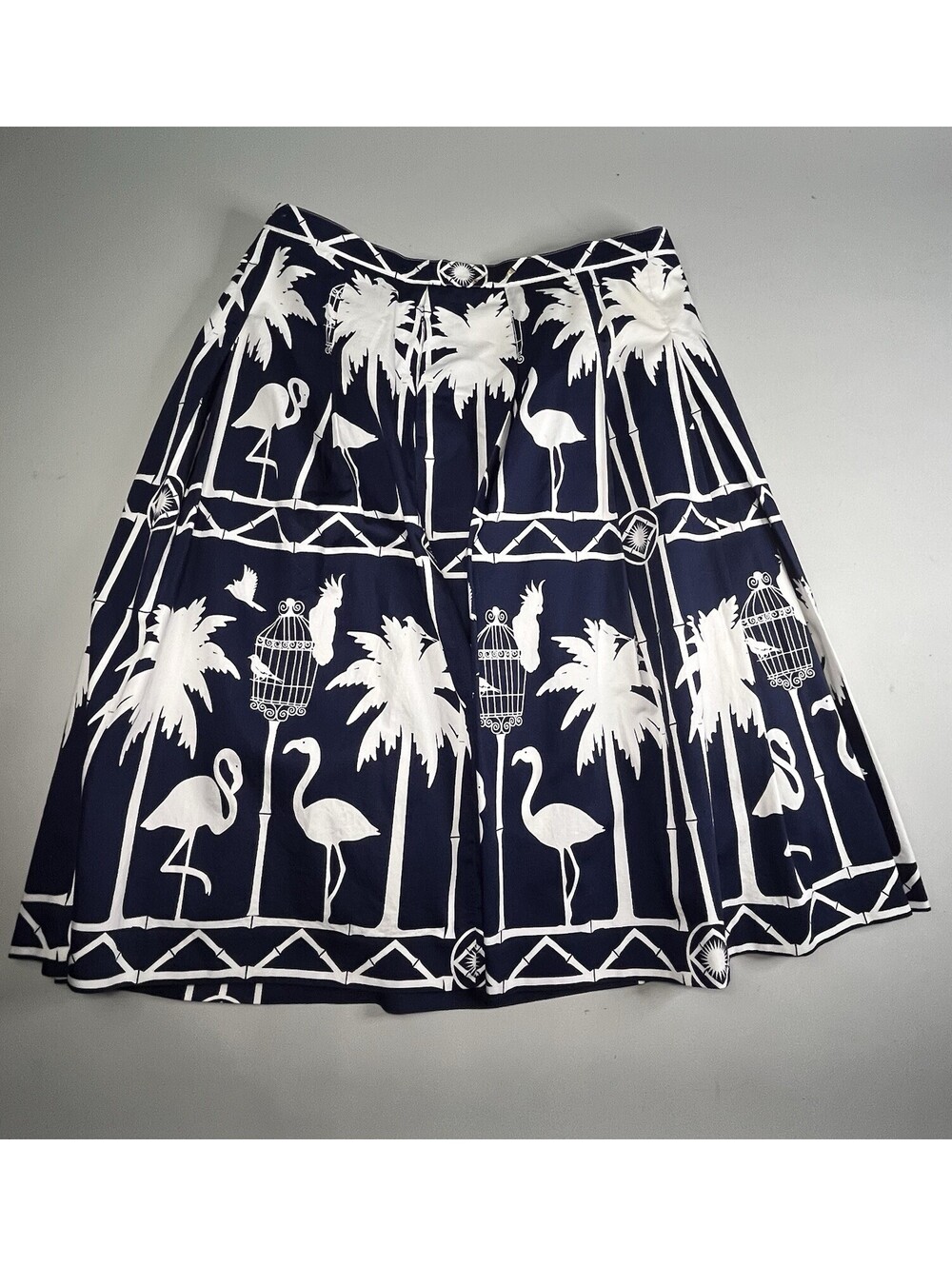 Talbots Navy & White Bird Cage & Flamingo Pleated Skirt Sz 6